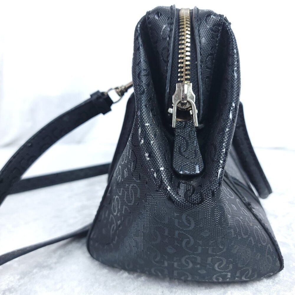 GUESS 1981 Black Logo Satchel Handbag PVC Monogram Boston Bag w/ Strap - Picture 4 of 15